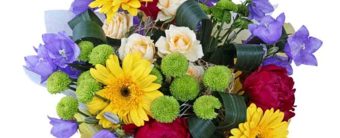 Large beautiful bouquet of different flowers isolated on white background. The quality of medium format