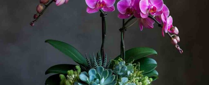 Breathtakingly beautiful phalaenopsis orchids accented by an assortment of succulents presented in a clean, contemporary ceramic container.