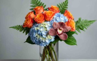 Blue Hydrangea, Orange Roses and Ferns Get well